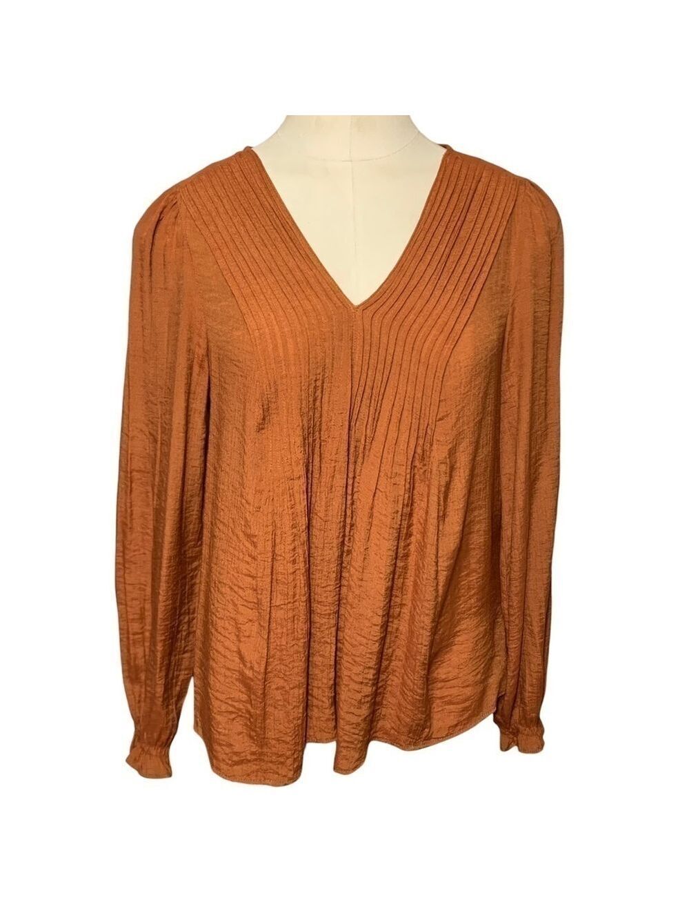 Nanette Lepore Brown Shirt Blouse Long Sleeve Sz S V Neck Pleated Minimalist